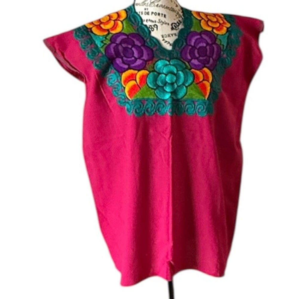 Embroidered Floral Pink Top, Mexican Blouse, Hot Pink Blouse, Women’s Blouse